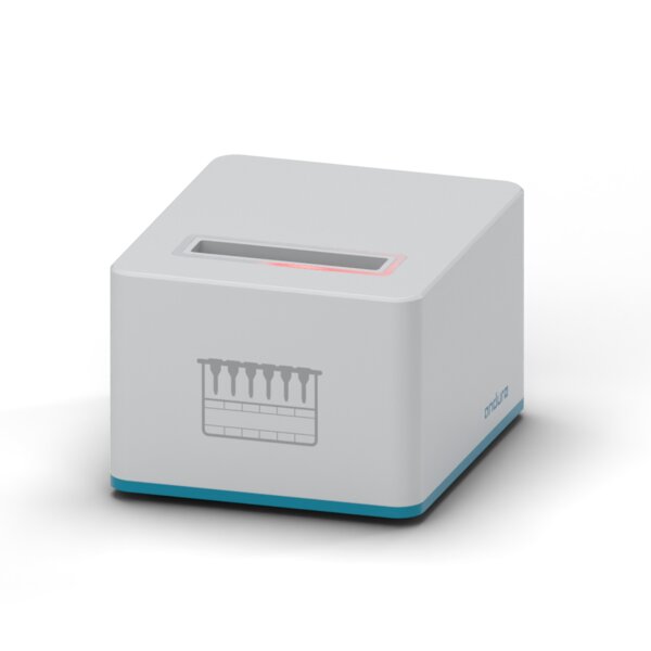cubeReader seen from above at an angle, gel card drawn in, status ring red