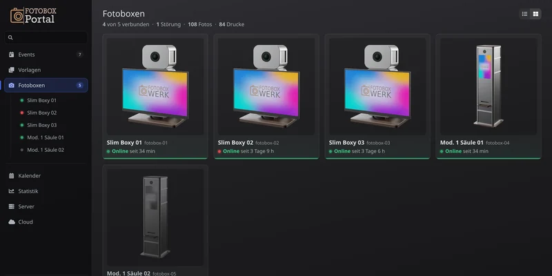 Overview of the photo booths in the portal with the status of each booth