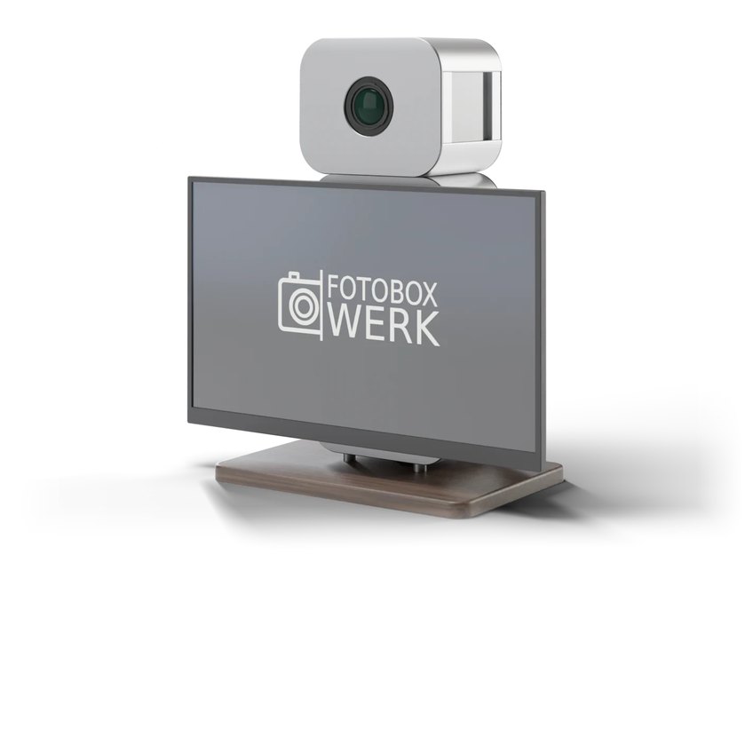 Photo booth with camera head, touch monitor and wooden base