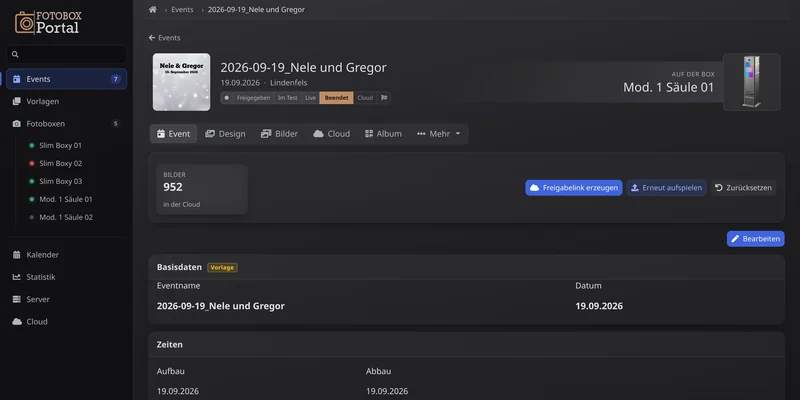 Page of an event with photos in the cloud and sharing