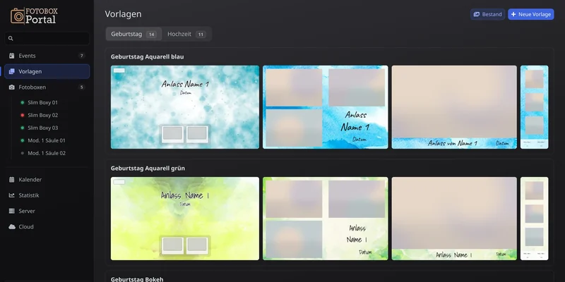 Templates per occasion with start screen, collage and single image